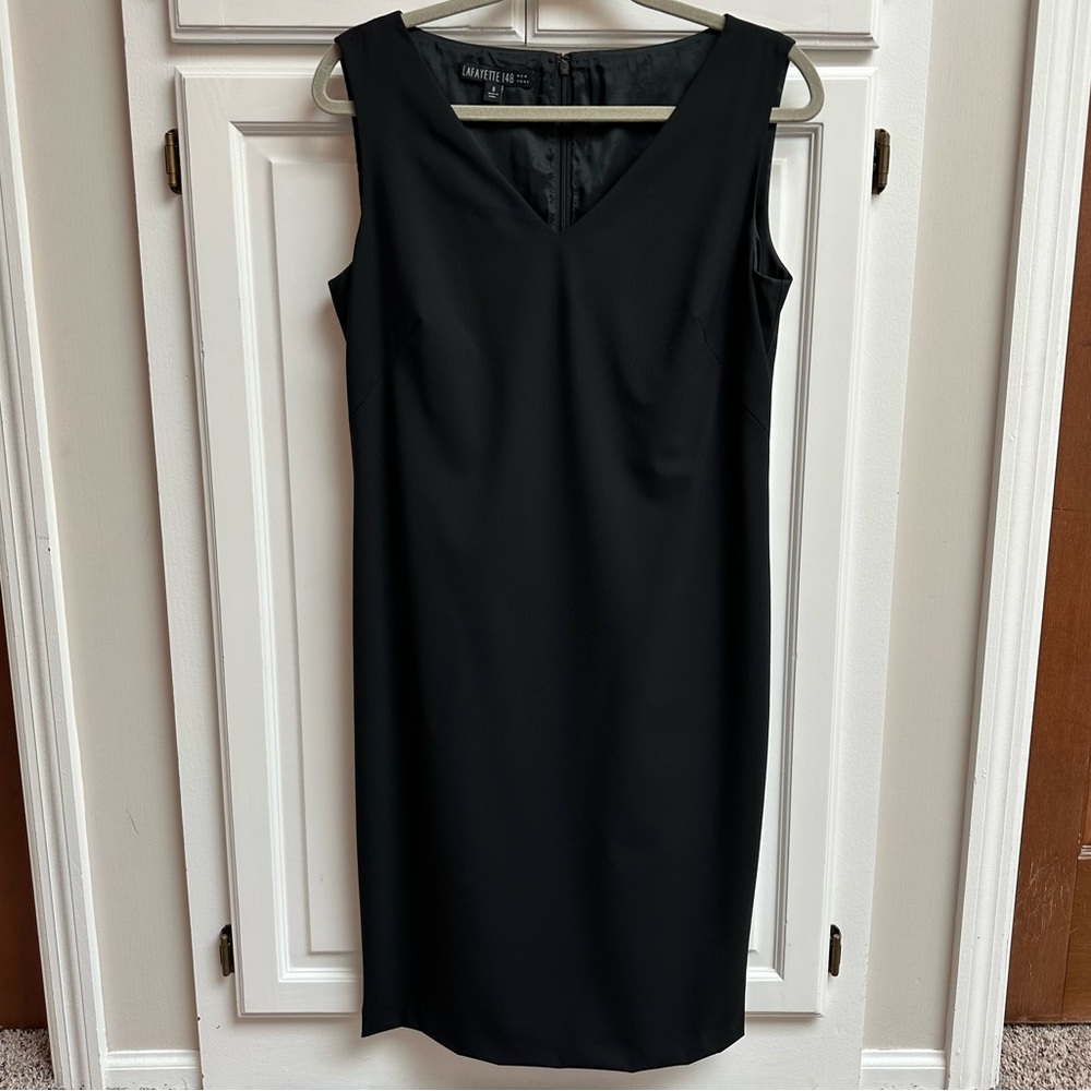 Lafayette 148 New York Black Stretch Virgin Wool V-Neck Sheath Dress Size 8